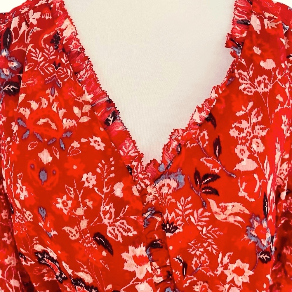 LOFT Red Floral Ruffle-Trim Button Blouse - Picture 6 of 12
